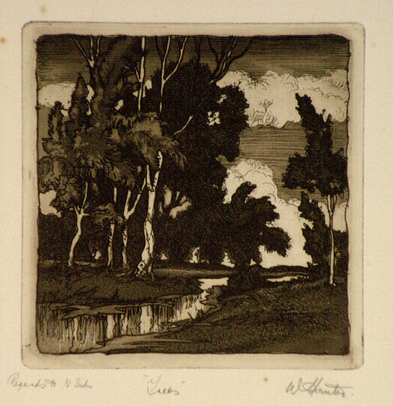Artist: b'Hunter, William.' | Title: b'Trees' | Date: 1940s | Technique: b'etching and aquatint, printed in brown ink, from one plate' Artist: b'Hunter, William.' | Title: b'Trees' | Date: 1940s | Technique: b'etching and aquatint, printed in brown ink, from one plate'