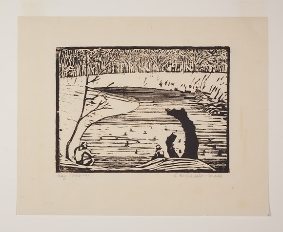 Artist: b'Hirschfeld Mack, Ludwig.' | Title: b'Hay (Bathers on the Murrumbidgee River, N.S.W.)' | Date: 1940-41 | Technique: b'woodcut, printed in dark brown ink, from one block' Artist: b'Hirschfeld Mack, Ludwig.' | Title: b'Hay (Bathers on the Murrumbidgee River, N.S.W.)' | Date: 1940-41 | Technique: b'woodcut, printed in dark brown ink, from one block'