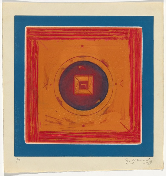Artist: b'SELLBACH, Udo' | Title: b'(Orange and blue square with circle)' | Date: 1967 | Technique: b'etching, aquatint printed in colour from two plates' Artist: b'SELLBACH, Udo' | Title: b'(Orange and blue square with circle)' | Date: 1967 | Technique: b'etching, aquatint printed in colour from two plates'