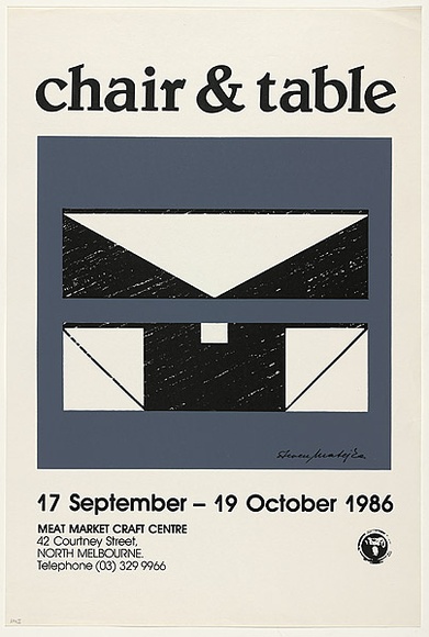 Title: b'Helmut Lueckenhausen: Chair and table, 17 Sept - 19 Oct 1986 Meat Market' | Date: 1986 | Technique: b'offset-lithograph, printed in colour, from two stones' Title: b'Helmut Lueckenhausen: Chair and table, 17 Sept - 19 Oct 1986 Meat Market' | Date: 1986 | Technique: b'offset-lithograph, printed in colour, from two stones'