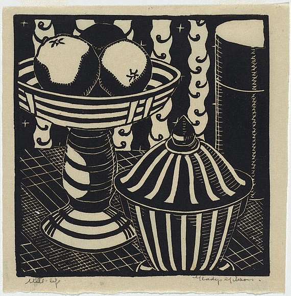 Artist: b'Gibbons, Gladys.' | Title: b'Still life.' | Date: c.1933 | Technique: b'linocut, printed in black ink, from one block' Artist: b'Gibbons, Gladys.' | Title: b'Still life.' | Date: c.1933 | Technique: b'linocut, printed in black ink, from one block'