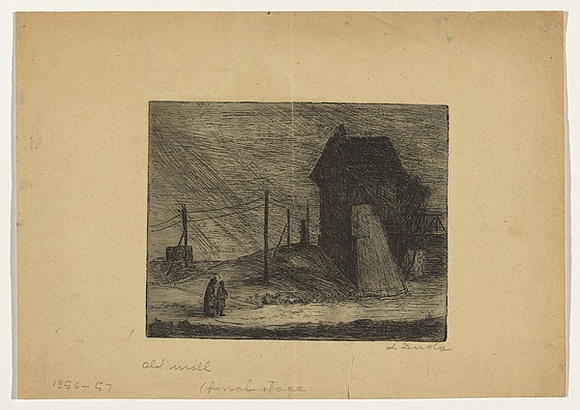 Artist: b'Groblicka, Lidia.' | Title: b'Old mill' | Date: 1956-57 | Technique: b'etching, printed in black ink, from one plate' Artist: b'Groblicka, Lidia.' | Title: b'Old mill' | Date: 1956-57 | Technique: b'etching, printed in black ink, from one plate'