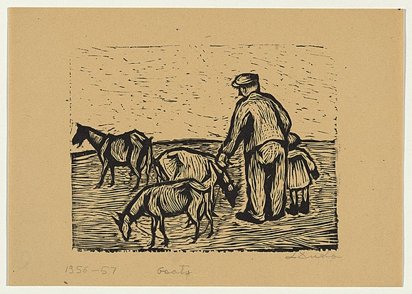 Artist: b'Groblicka, Lidia.' | Title: b'Goats, man and child' | Date: 1956-57 | Technique: b'woodcut, printed in black ink, from one block' Artist: b'Groblicka, Lidia.' | Title: b'Goats, man and child' | Date: 1956-57 | Technique: b'woodcut, printed in black ink, from one block'