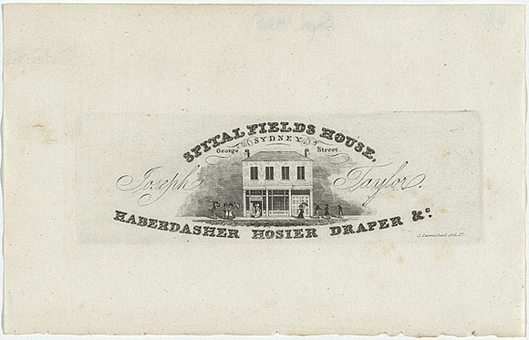 Artist: b'Carmichael, John.' | Title: b'Advertisement: Spital Fields House, Haberdasher, hosier, draper &c.' | Date: 1834 | Technique: b'engraving, printed in black ink, from one copper plate' Artist: b'Carmichael, John.' | Title: b'Advertisement: Spital Fields House, Haberdasher, hosier, draper &c.' | Date: 1834 | Technique: b'engraving, printed in black ink, from one copper plate'