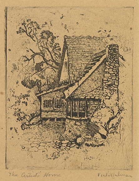 Artist: b'Zelman, Victor.' | Title: bThe artist's home | Date: (1930s) | Technique: b'softground-etching, printed in black ink, from one plate' Artist: b'Zelman, Victor.' | Title: bThe artist's home | Date: (1930s) | Technique: b'softground-etching, printed in black ink, from one plate'