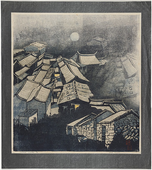 Artist: b'Thorpe, Lesbia.' | Title: b'Sleeping village' | Date: 1977 | Technique: b'woodcut, printed in colour, from four blocks' Artist: b'Thorpe, Lesbia.' | Title: b'Sleeping village' | Date: 1977 | Technique: b'woodcut, printed in colour, from four blocks'