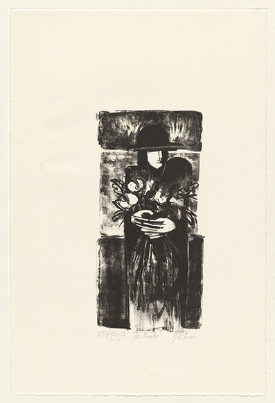 Artist: b'McBride, Janice.' | Title: b'The visitor' | Date: c.1988 | Technique: b'lithograph, printed in black ink, from one stone' Artist: b'McBride, Janice.' | Title: b'The visitor' | Date: c.1988 | Technique: b'lithograph, printed in black ink, from one stone'