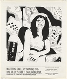 Artist: b'Larter, Richard.' | Title: b'Watters Gallery moving to: 109 Riley Street, Darlinghurst. Exhibition of paintings by Richard Larter.' | Date: 1969 | Technique: b'screenprint, printed in black ink, from one stencil'
