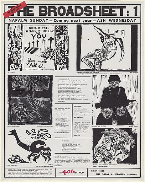 Artist: b'Broadsheet Publishers.' | Title: b'The Broadsheet 1: Napalm Sunday.' | Date: 1967 | Technique: b'relief, printed in black ink, each from one block' Artist: b'Broadsheet Publishers.' | Title: b'The Broadsheet 1: Napalm Sunday.' | Date: 1967 | Technique: b'relief, printed in black ink, each from one block'