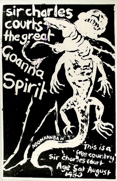 Artist: b'Gibb, Viva Jillian.' | Title: b'Sir Charles Courts the great Goanna Spirit. Noonkanbah.' | Date: 1980 | Technique: b'screenprint, printed in black ink, from one stencil' Artist: b'Gibb, Viva Jillian.' | Title: b'Sir Charles Courts the great Goanna Spirit. Noonkanbah.' | Date: 1980 | Technique: b'screenprint, printed in black ink, from one stencil'