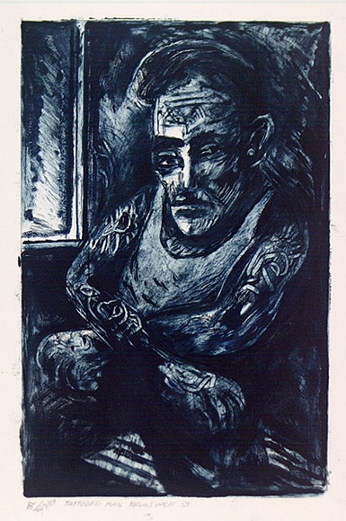 Artist: b'Davis, James.' | Title: b'Tattoed man, Brunswick Street.' | Date: 1989 | Technique: b'monotype, printed in black ink, from one plate' Artist: b'Davis, James.' | Title: b'Tattoed man, Brunswick Street.' | Date: 1989 | Technique: b'monotype, printed in black ink, from one plate'