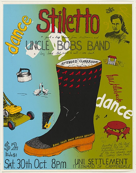 Artist: b'WORSTEAD, Paul' | Title: bStiletto, Uncle Bob's Band | Date: 1976 | Technique: b'screenprint, printed in colour, from four stencils' | Copyright: b'\xc2\xa9 Toni Robertson' Artist: b'WORSTEAD, Paul' | Title: bStiletto, Uncle Bob's Band | Date: 1976 | Technique: b'screenprint, printed in colour, from four stencils' | Copyright: b'\xc2\xa9 Toni Robertson'