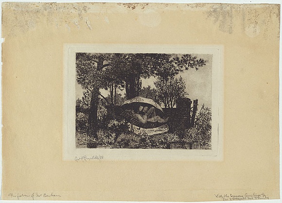 Artist: b'Reynolds, George.' | Title: b'Man reading in a hammock.' | Date: 1888 | Technique: b'etching, printed in black ink, from one plate' Artist: b'Reynolds, George.' | Title: b'Man reading in a hammock.' | Date: 1888 | Technique: b'etching, printed in black ink, from one plate'