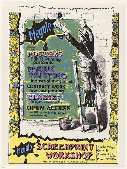 Artist: b'Megalo International Screenprinting Collective.' | Title: b'Megalo for posters, t-shirt printing, postcards, fabric printing ... Megalo Screenprint Workshop, Ainslie.' | Date: 1986 | Technique: b'screenprint, printed in colour, from multiple stencils' Artist: b'Megalo International Screenprinting Collective.' | Title: b'Megalo for posters, t-shirt printing, postcards, fabric printing ... Megalo Screenprint Workshop, Ainslie.' | Date: 1986 | Technique: b'screenprint, printed in colour, from multiple stencils'