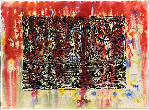 Title: b'Headhunting and trading in Torres Straight Island' | Date: 1991 | Technique: b'linocut, printed in black ink from one block; hand-coloured' Title: b'Headhunting and trading in Torres Straight Island' | Date: 1991 | Technique: b'linocut, printed in black ink from one block; hand-coloured'