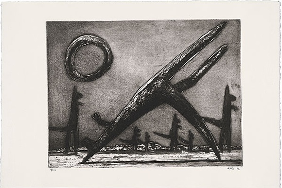Artist: b'Kelly, John.' | Title: b'A dark night' | Date: 2002 | Technique: b'etching and aquatint, printed in black ink, from one plate' | Copyright: b'\xc2\xa9 John Kelly. Licensed by VISCOPY, Australia.' Artist: b'Kelly, John.' | Title: b'A dark night' | Date: 2002 | Technique: b'etching and aquatint, printed in black ink, from one plate' | Copyright: b'\xc2\xa9 John Kelly. Licensed by VISCOPY, Australia.'