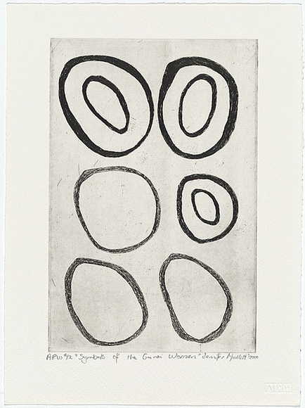 Artist: b'Mullett, Jennifer.' | Title: b'Symbol of a Gunai woman' | Date: 2000, June | Technique: b'etching, printed in black ink, from one plate' Artist: b'Mullett, Jennifer.' | Title: b'Symbol of a Gunai woman' | Date: 2000, June | Technique: b'etching, printed in black ink, from one plate'