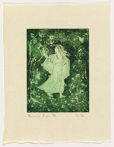 Artist: b'Boyd, Hermia.' | Title: b'Ceremony.' | Date: 1978 | Technique: b'etching and aquatint, printed in green ink, from one plate' Artist: b'Boyd, Hermia.' | Title: b'Ceremony.' | Date: 1978 | Technique: b'etching and aquatint, printed in green ink, from one plate'