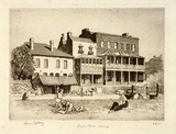 Artist: LINDSAY, Lionel | Title: Hyde Park corner, Sydney | Date: 1913 | Technique: etching, printed in brown ink with plate-tone, from one plate | Copyright: Courtesy of the National Library of Australia