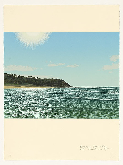 Artist: b'Rose, David.' | Title: b'Winter sun, Bateau Bay' | Date: 1982 | Technique: b'screenprint, printed in colour, from multiple stencils' Artist: b'Rose, David.' | Title: b'Winter sun, Bateau Bay' | Date: 1982 | Technique: b'screenprint, printed in colour, from multiple stencils'