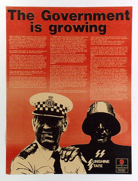 Artist: b'Speirs, Andrew.' | Title: b'The Government is growing, Sunshine State' | Date: (1978-81?) | Technique: b'offset-lithograph, printed in colour, from multiple plates' Artist: b'Speirs, Andrew.' | Title: b'The Government is growing, Sunshine State' | Date: (1978-81?) | Technique: b'offset-lithograph, printed in colour, from multiple plates'