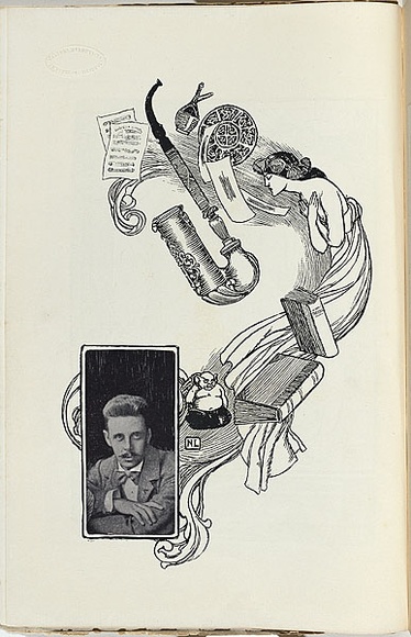 Artist: b'Moffitt, Ernest.' | Title: b'Not titled (reproduction of line drawing of artists portrait, muse and objects).' | Date: 1899 | Technique: b'reproduction of line drawing and photograph, printed in black ink, from one plate' | Copyright: b'Courtesy of the National Library of Australia' Artist: b'Moffitt, Ernest.' | Title: b'Not titled (reproduction of line drawing of artists portrait, muse and objects).' | Date: 1899 | Technique: b'reproduction of line drawing and photograph, printed in black ink, from one plate' | Copyright: b'Courtesy of the National Library of Australia'