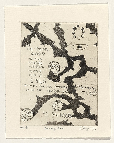 Artist: b'Haliczer, Elizabeth.' | Title: b'Marking time' | Date: 1999 | Technique: b'engraving, printed in black ink, from 1 perspex plate' Artist: b'Haliczer, Elizabeth.' | Title: b'Marking time' | Date: 1999 | Technique: b'engraving, printed in black ink, from 1 perspex plate'