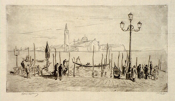 Artist: b'LINDSAY, Lionel' | Title: b'Venice from San Giorgio' | Date: 1938 | Technique: b'etching, printed in warm black ink with plate-tone, from one plate, from one plate; with additions in pencil' | Copyright: b'Courtesy of the National Library of Australia' Artist: b'LINDSAY, Lionel' | Title: b'Venice from San Giorgio' | Date: 1938 | Technique: b'etching, printed in warm black ink with plate-tone, from one plate, from one plate; with additions in pencil' | Copyright: b'Courtesy of the National Library of Australia'