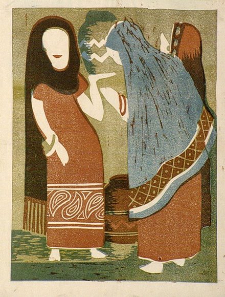 Artist: b'Higgs, Florence.' | Title: b'(Gossip)' | Date: (1954) | Technique: b'linocut, printed in colour, from three blocks' Artist: b'Higgs, Florence.' | Title: b'(Gossip)' | Date: (1954) | Technique: b'linocut, printed in colour, from three blocks'