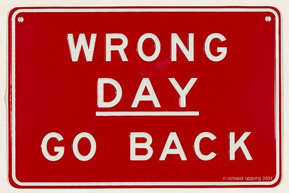 Artist: b'TIPPING, Richard' | Title: b'Wrong day.' | Date: 2004 | Technique: b'embossing (pressed aluminium); screenprint, printed in red ink, from one stencil' Artist: b'TIPPING, Richard' | Title: b'Wrong day.' | Date: 2004 | Technique: b'embossing (pressed aluminium); screenprint, printed in red ink, from one stencil'