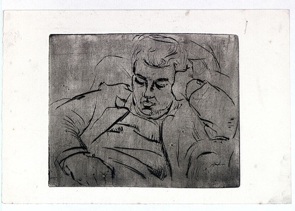Artist: b'MACQUEEN, Mary' | Title: b'Peter' | Date: c.1960 | Technique: b'drypoint, printed in black ink with plate-tone, from one aluminium plate' | Copyright: b'Courtesy Paulette Calhoun, for the estate of Mary Macqueen' Artist: b'MACQUEEN, Mary' | Title: b'Peter' | Date: c.1960 | Technique: b'drypoint, printed in black ink with plate-tone, from one aluminium plate' | Copyright: b'Courtesy Paulette Calhoun, for the estate of Mary Macqueen'
