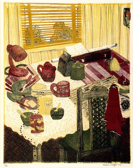 Artist: b'Eager, Helen.' | Title: b'(Kitchen table and venetian blind).' | Date: 1977 | Technique: b'lithograph, printed in colour, from multiple blocks; collage' Artist: b'Eager, Helen.' | Title: b'(Kitchen table and venetian blind).' | Date: 1977 | Technique: b'lithograph, printed in colour, from multiple blocks; collage'
