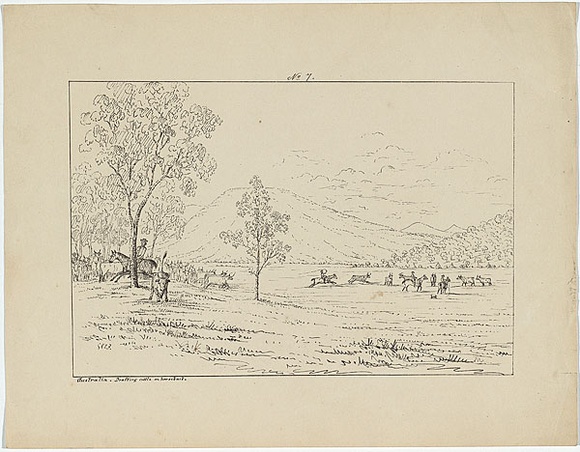 Artist: b'Fairholme, George Knight Erskine.' | Title: b'Drafting cattle on horseback' | Date: c.1853 | Technique: b'lithograph, printed in black ink, from one stone' Artist: b'Fairholme, George Knight Erskine.' | Title: b'Drafting cattle on horseback' | Date: c.1853 | Technique: b'lithograph, printed in black ink, from one stone'