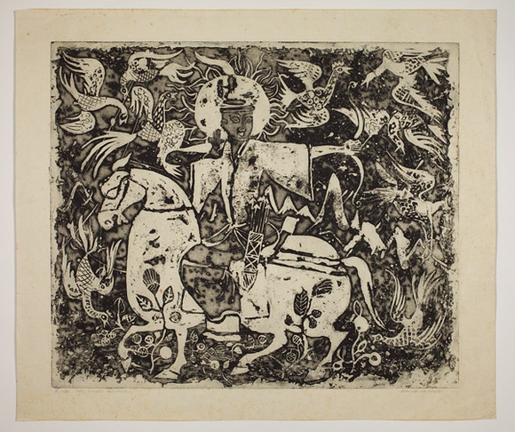Artist: b'Haxton, Elaine' | Title: b'The divine archer' | Date: c.1967 | Technique: b'open-bite etching and aquatint, printed in black ink, from one plate' Artist: b'Haxton, Elaine' | Title: b'The divine archer' | Date: c.1967 | Technique: b'open-bite etching and aquatint, printed in black ink, from one plate'
