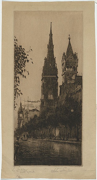 Artist: b'SHIRLOW, John' | Title: b'The Gothic Spire in Collins Street. An evening effect.' | Date: 1915 | Technique: b'etching, printed in warm black ink with plate-tone, from one copper plate' Artist: b'SHIRLOW, John' | Title: b'The Gothic Spire in Collins Street. An evening effect.' | Date: 1915 | Technique: b'etching, printed in warm black ink with plate-tone, from one copper plate'
