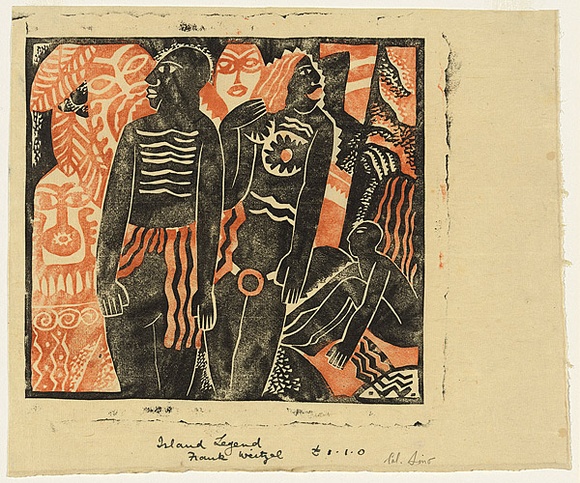 Artist: b'Weitzel, Frank.' | Title: b'Island legend' | Date: c.1930 | Technique: b'linocut, printed in colour, from two blocks (black and warm reddish bown inks)' Artist: b'Weitzel, Frank.' | Title: b'Island legend' | Date: c.1930 | Technique: b'linocut, printed in colour, from two blocks (black and warm reddish bown inks)'