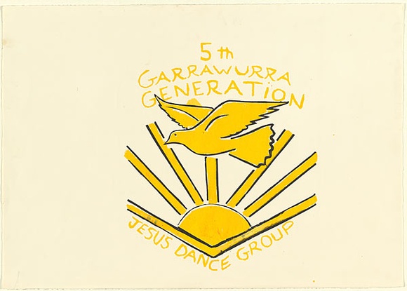Artist: b'Artist unknown' | Title: b'5th Garrawurra Generation Jesus Dance Group' | Date: c.1992 | Technique: b'screenprint, printed in colour, from two stencils' Artist: b'Artist unknown' | Title: b'5th Garrawurra Generation Jesus Dance Group' | Date: c.1992 | Technique: b'screenprint, printed in colour, from two stencils'