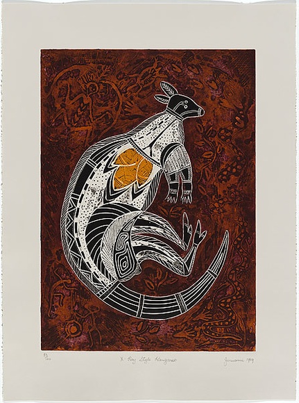 Artist: b'JENUARRIE,' | Title: b'X-ray style kangaroo' | Date: 1989 | Technique: b'linocut, printed in colour, from multiple blocks' Artist: b'JENUARRIE,' | Title: b'X-ray style kangaroo' | Date: 1989 | Technique: b'linocut, printed in colour, from multiple blocks'