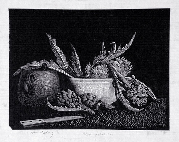 Artist: b'LINDSAY, Lionel' | Title: b'Globe artichokes' | Date: 1936 | Technique: b'wood-engraving, printed in black ink, from one block' | Copyright: b'Courtesy of the National Library of Australia' Artist: b'LINDSAY, Lionel' | Title: b'Globe artichokes' | Date: 1936 | Technique: b'wood-engraving, printed in black ink, from one block' | Copyright: b'Courtesy of the National Library of Australia'