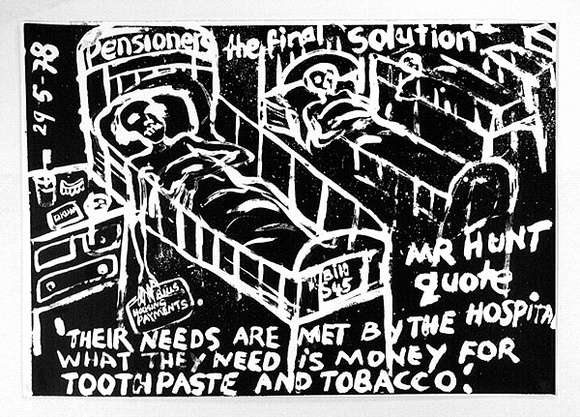 Artist: b'Gibb, Viva Jillian.' | Title: b'Pensioners, the final solution' | Date: 1978 | Technique: b'screenprint' Artist: b'Gibb, Viva Jillian.' | Title: b'Pensioners, the final solution' | Date: 1978 | Technique: b'screenprint'