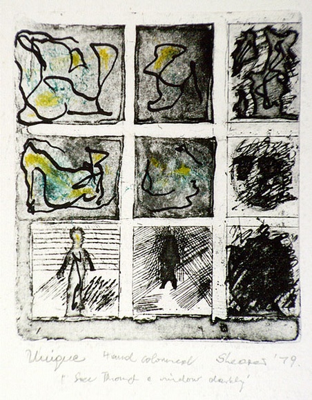 Artist: b'Shearer, Mitzi.' | Title: b'See through a window darkly' | Date: 1979 | Technique: b'etching and aquatint, printed in black ink, from one plate, hand-coloured' Artist: b'Shearer, Mitzi.' | Title: b'See through a window darkly' | Date: 1979 | Technique: b'etching and aquatint, printed in black ink, from one plate, hand-coloured'
