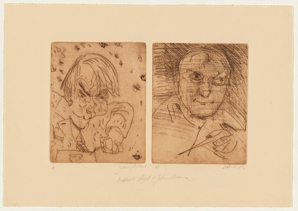 Artist: b'BOYD, Arthur' | Title: b'Double Portrait' | Date: 1978 | Technique: b'etchings, printed in brown ink with plate-mark, each from one plate' | Copyright: b'\xc2\xa9 John Olsen. Licensed by VISCOPY, Australia' Artist: b'BOYD, Arthur' | Title: b'Double Portrait' | Date: 1978 | Technique: b'etchings, printed in brown ink with plate-mark, each from one plate' | Copyright: b'\xc2\xa9 John Olsen. Licensed by VISCOPY, Australia'