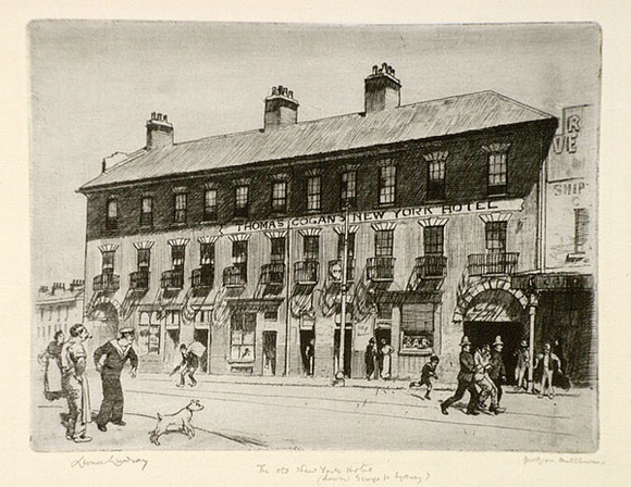 Artist: b'LINDSAY, Lionel' | Title: bThe old 'New York' hotel, Lower George Street, Sydney | Date: 1912 | Technique: b'etching, printed in black ink with plate-tone, from one plate' | Copyright: b'Courtesy of the National Library of Australia' Artist: b'LINDSAY, Lionel' | Title: bThe old 'New York' hotel, Lower George Street, Sydney | Date: 1912 | Technique: b'etching, printed in black ink with plate-tone, from one plate' | Copyright: b'Courtesy of the National Library of Australia'