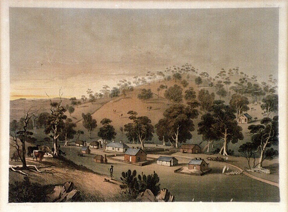 Artist: b'Angas, George French.' | Title: b'Angaston. Evening.' | Date: 1846-47 | Technique: b'lithograph, printed in colour, from multiple stones; varnish highlights by brush' Artist: b'Angas, George French.' | Title: b'Angaston. Evening.' | Date: 1846-47 | Technique: b'lithograph, printed in colour, from multiple stones; varnish highlights by brush'