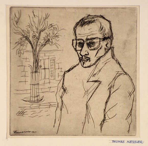 Artist: b'de Kesler, Thomas.' | Title: b'Self-portrait.' | Date: 1951 | Technique: b'etching and drypoint, printed in black ink with plate-tone, from one plate' | Copyright: b'\xc2\xa9 Thomas de Kessler' Artist: b'de Kesler, Thomas.' | Title: b'Self-portrait.' | Date: 1951 | Technique: b'etching and drypoint, printed in black ink with plate-tone, from one plate' | Copyright: b'\xc2\xa9 Thomas de Kessler'