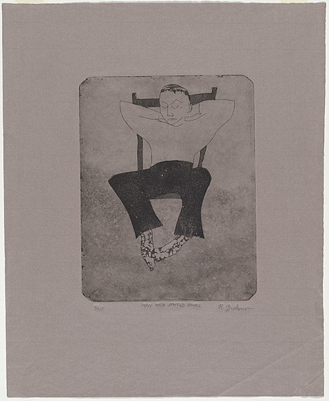 Artist: b'Dickerson, Robert.' | Title: b'Man with spotted socks.' | Date: 1978 | Technique: b'etching and aquatint, printed in black ink, from one zinc plate' Artist: b'Dickerson, Robert.' | Title: b'Man with spotted socks.' | Date: 1978 | Technique: b'etching and aquatint, printed in black ink, from one zinc plate'