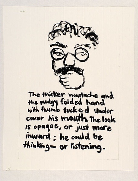Artist: b'Heyes, Ken.' | Title: b'The thicker moustache and the pudgy folded hand with thumb tucked under cover his mouth. The look is opaque, or just more inward: he could be thinking - or listening.' | Date: 1984 | Technique: b'photocopy' Artist: b'Heyes, Ken.' | Title: b'The thicker moustache and the pudgy folded hand with thumb tucked under cover his mouth. The look is opaque, or just more inward: he could be thinking - or listening.' | Date: 1984 | Technique: b'photocopy'