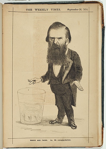 Title: b'Homoeopathy [Dr Johann W. G\xc3\xbcnst].' | Date: 26 September 1874 | Technique: b'lithograph, printed in colour, from multiple stones'