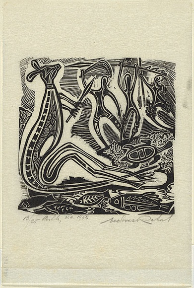 Artist: b'Ratas, Vaclovas.' | Title: b'Kangaroo hunt' | Date: 1952 | Technique: b'woodcut, printed in black with hand-colouring from one block' Artist: b'Ratas, Vaclovas.' | Title: b'Kangaroo hunt' | Date: 1952 | Technique: b'woodcut, printed in black with hand-colouring from one block'