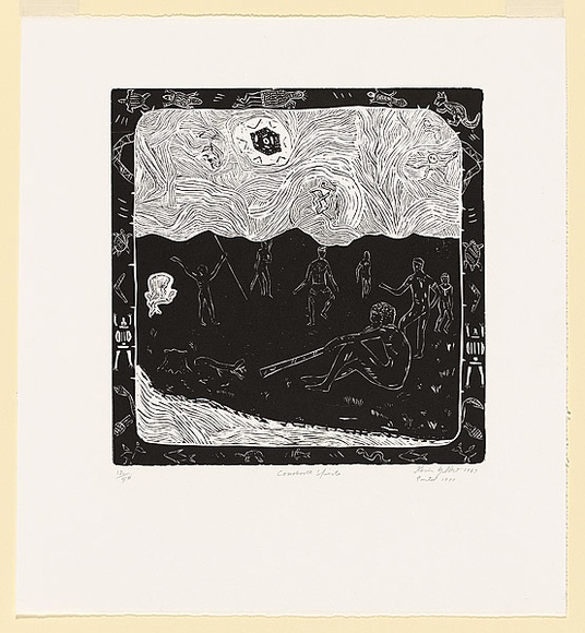 Artist: b'Gilbert, Kevin.' | Title: b'Corroboree Spirits' | Date: 1967 | Technique: b'linocut, printed in black ink, from one block' Artist: b'Gilbert, Kevin.' | Title: b'Corroboree Spirits' | Date: 1967 | Technique: b'linocut, printed in black ink, from one block'